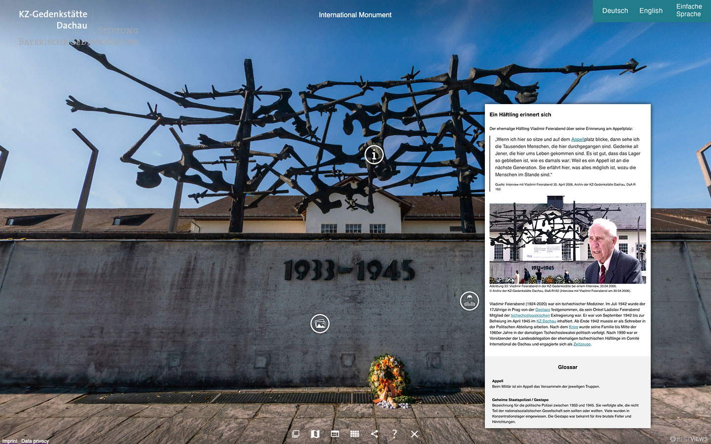 KZ-Dachau-Gedenkstätte-Screen-Mahnmal 360° virtueller Rundgang KZ-Gedenkstätte Dachau Mahnmal Zeitzeugen